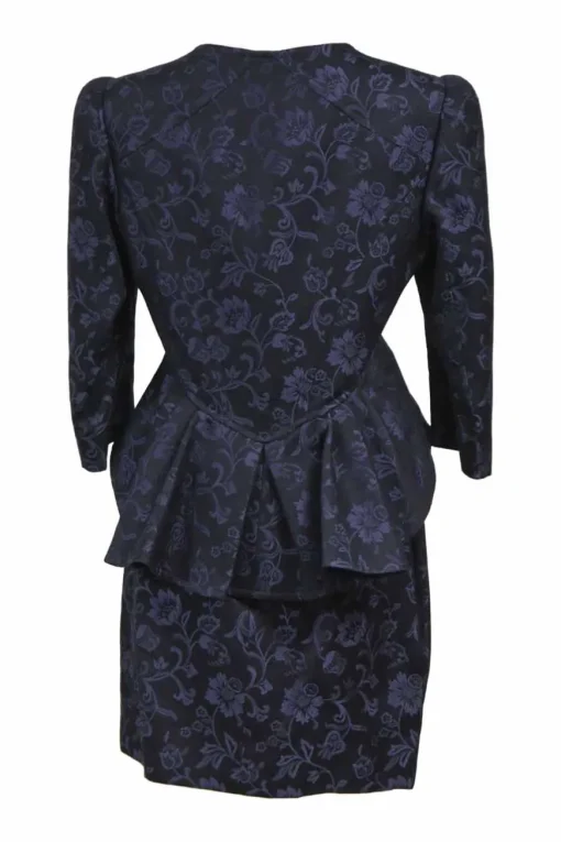 Navy embroidered cotton-blend floral jacquard two-piece suit set featuring sweetheart neck sculpted jacket and draped mini skirt