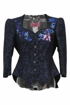 Navy embroidered cotton-blend floral jacquard two-piece suit set featuring sweetheart neck sculpted jacket and draped mini skirt