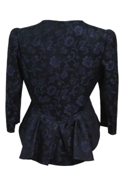 Navy embroidered cotton-blend floral jacquard two-piece suit set featuring sweetheart neck sculpted jacket and draped mini skirt