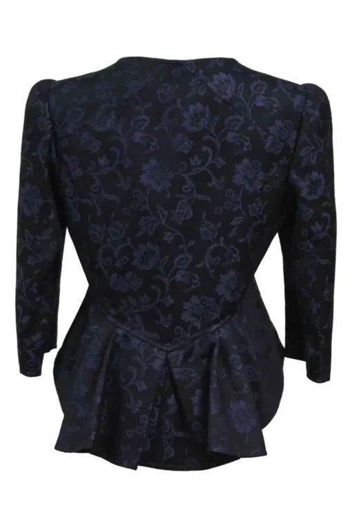 Navy embroidered cotton-blend floral jacquard two-piece suit set featuring sweetheart neck sculpted jacket and draped mini skirt