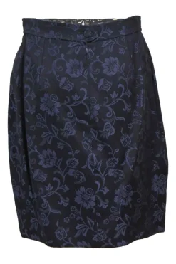 Navy embroidered cotton-blend floral jacquard two-piece suit set featuring sweetheart neck sculpted jacket and draped mini skirt