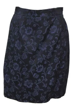 Navy embroidered cotton-blend floral jacquard two-piece suit set featuring sweetheart neck sculpted jacket and draped mini skirt