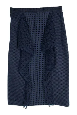 Navy eyelet cotton paneled midi pencil skirt with draped trim at front