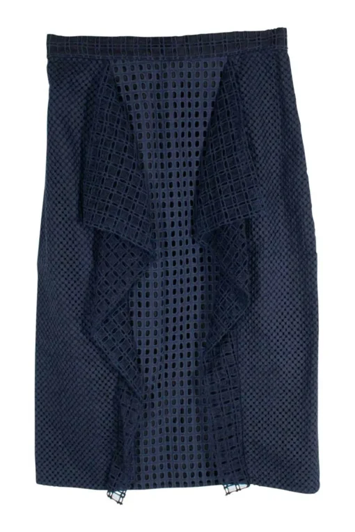 Navy eyelet cotton paneled midi pencil skirt with draped trim at front