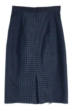 Navy eyelet cotton paneled midi pencil skirt with draped trim at front