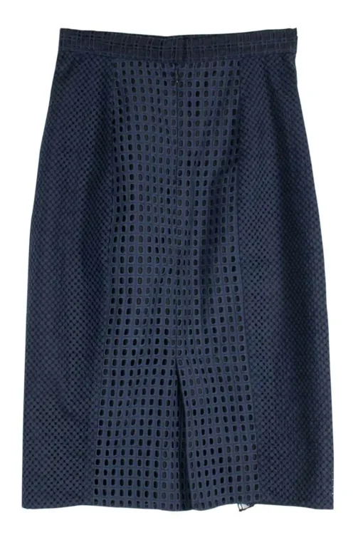 Navy eyelet cotton paneled midi pencil skirt with draped trim at front