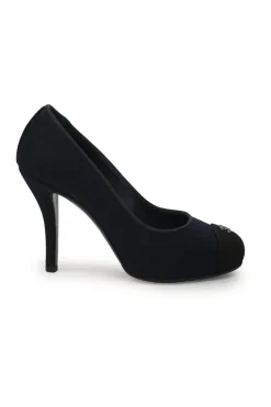 Navy fabric and leather round-toe platform pumps with metallic Coco Mark vamp appliqué