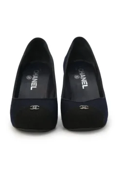 Navy fabric and leather round-toe platform pumps with metallic Coco Mark vamp appliqué