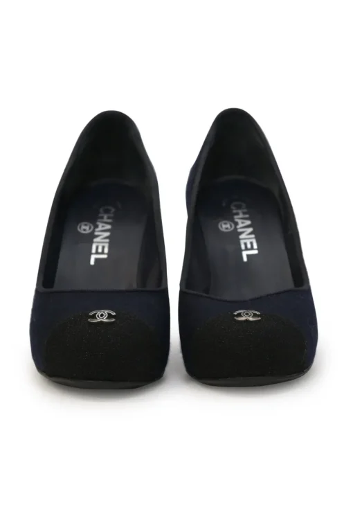 Navy fabric and leather round-toe platform pumps with metallic Coco Mark vamp appliqué