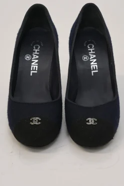 Navy fabric and leather round-toe platform pumps with metallic Coco Mark vamp appliqué