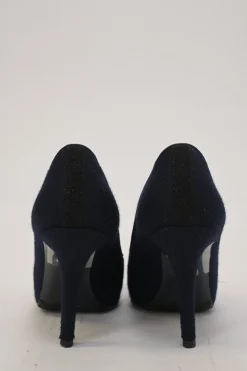 Navy fabric and leather round-toe platform pumps with metallic Coco Mark vamp appliqué