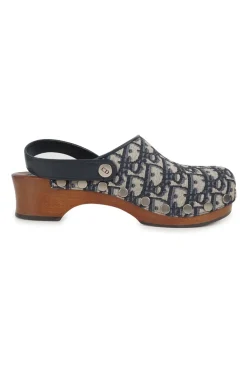 Navy fabric and wood Diorquake slingback clogs featuring brand-signature oblique monogram