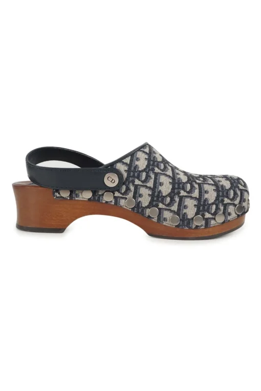 Navy fabric and wood Diorquake slingback clogs featuring brand-signature oblique monogram