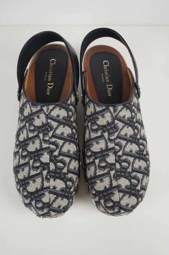Navy fabric and wood Diorquake slingback clogs featuring brand-signature oblique monogram