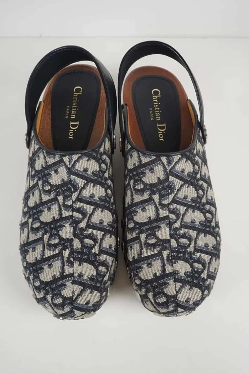 Navy fabric and wood Diorquake slingback clogs featuring brand-signature oblique monogram