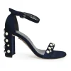 Navy faux pearl-embellished suede round-toe mignon strap block heel sandals with buckle fastening