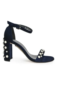 Navy faux pearl-embellished suede round-toe mignon strap block heel sandals with buckle fastening