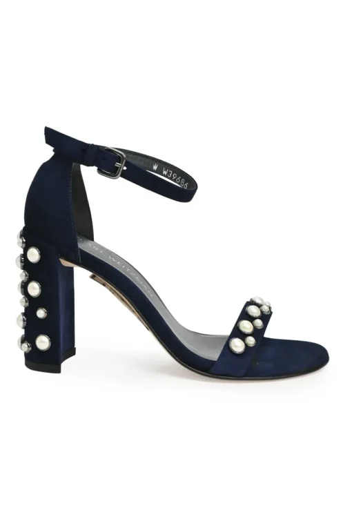 Navy faux pearl-embellished suede round-toe mignon strap block heel sandals with buckle fastening