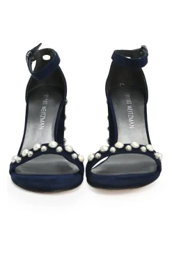 Navy faux pearl-embellished suede round-toe mignon strap block heel sandals with buckle fastening