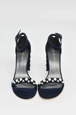 Navy faux pearl-embellished suede round-toe mignon strap block heel sandals with buckle fastening