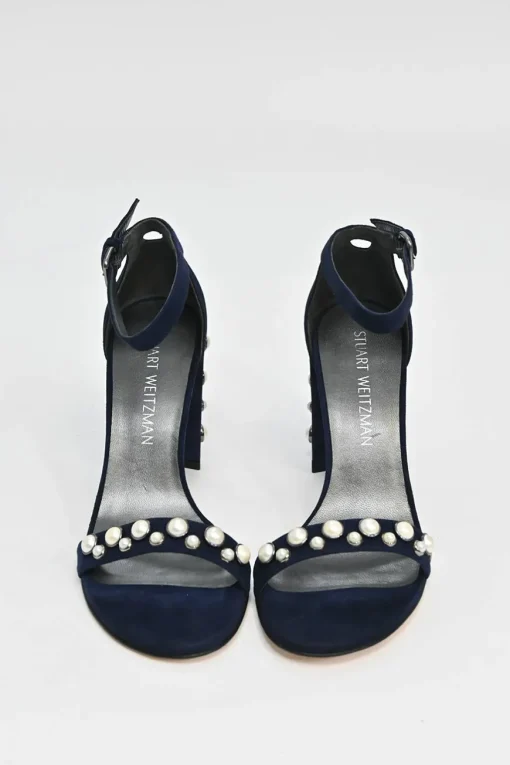 Navy faux pearl-embellished suede round-toe mignon strap block heel sandals with buckle fastening