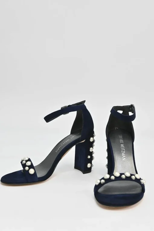 Navy faux pearl-embellished suede round-toe mignon strap block heel sandals with buckle fastening