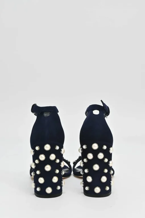 Navy faux pearl-embellished suede round-toe mignon strap block heel sandals with buckle fastening
