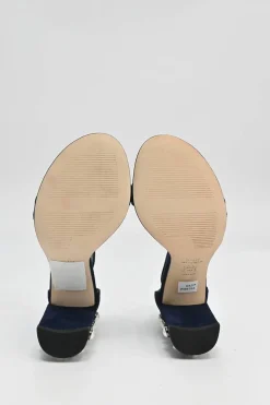 Navy faux pearl-embellished suede round-toe mignon strap block heel sandals with buckle fastening