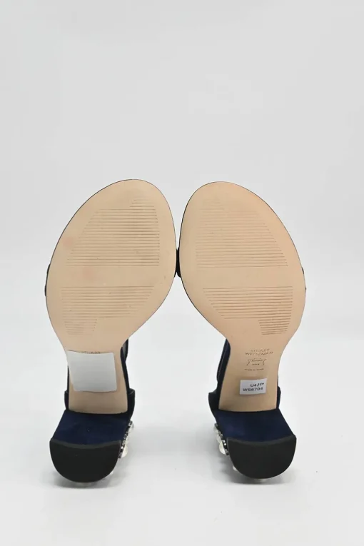 Navy faux pearl-embellished suede round-toe mignon strap block heel sandals with buckle fastening