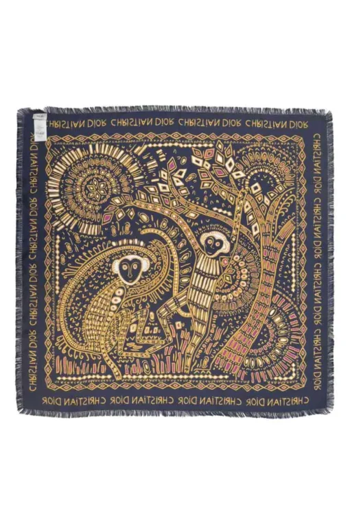Navy fringe silk scarf featuring Dior Animals Cruise 2020 monkey motif