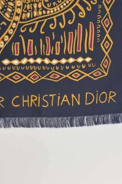 Navy fringe silk scarf featuring Dior Animals Cruise 2020 monkey motif