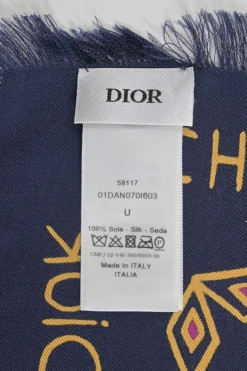 Navy fringe silk scarf featuring Dior Animals Cruise 2020 monkey motif
