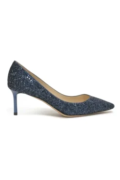 Navy glitter-bonded leather Romy 60 pointed-toe mid-heel pumps