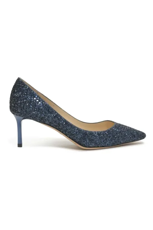 Navy glitter-bonded leather Romy 60 pointed-toe mid-heel pumps