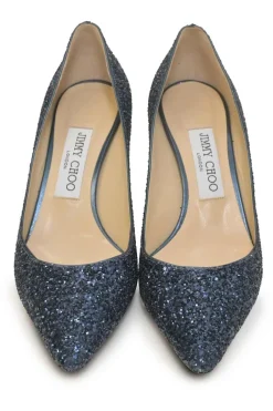 Navy glitter-bonded leather Romy 60 pointed-toe mid-heel pumps