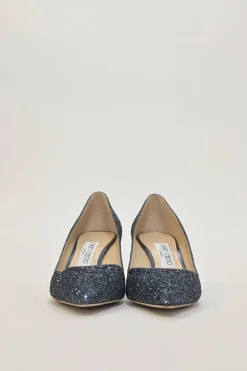 Navy glitter-bonded leather Romy 60 pointed-toe mid-heel pumps