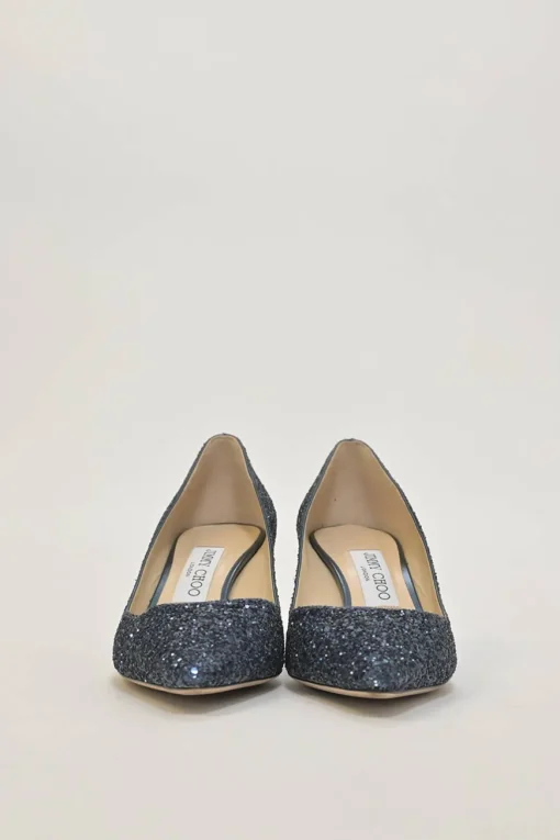 Navy glitter-bonded leather Romy 60 pointed-toe mid-heel pumps