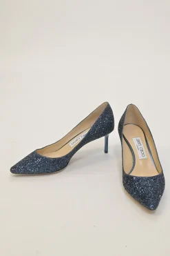 Navy glitter-bonded leather Romy 60 pointed-toe mid-heel pumps
