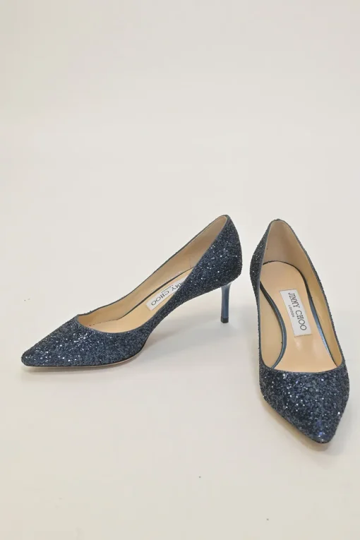 Navy glitter-bonded leather Romy 60 pointed-toe mid-heel pumps