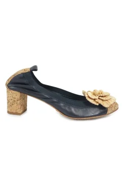 Navy goatskin and cork soft Spirit pumps with camellia vamp appliqué