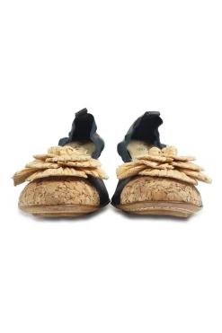 Navy goatskin and cork soft Spirit pumps with camellia vamp appliqué