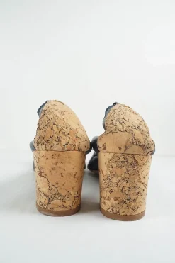 Navy goatskin and cork soft Spirit pumps with camellia vamp appliqué