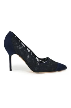 Navy lace and leather pointed toe pumps