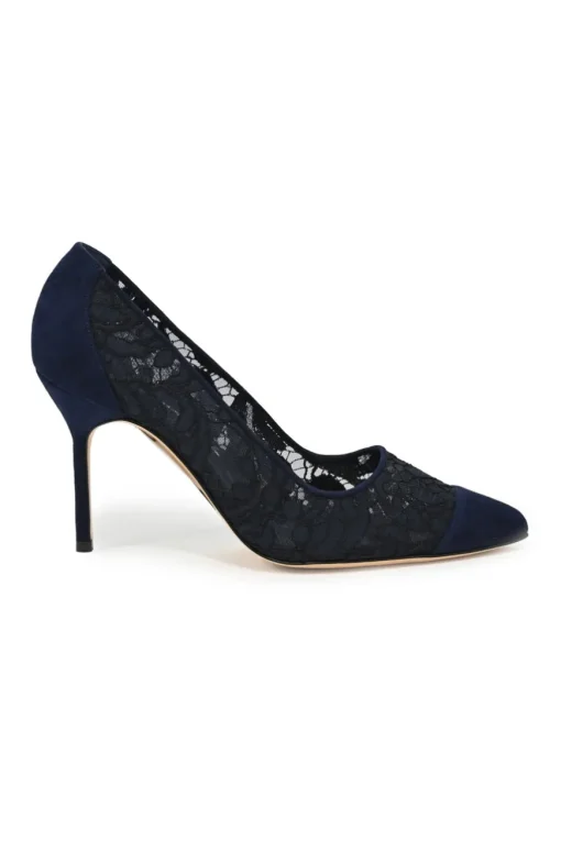Navy lace and leather pointed toe pumps