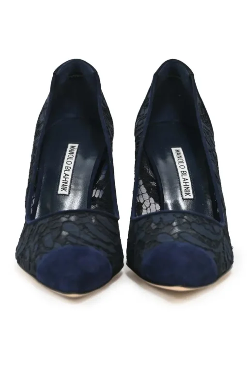 Navy lace and leather pointed toe pumps
