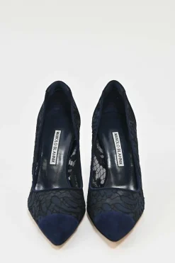 Navy lace and leather pointed toe pumps
