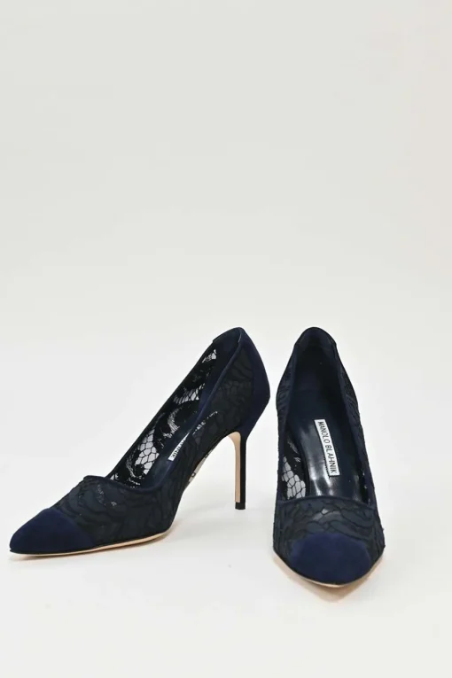 Navy lace and leather pointed toe pumps