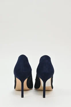 Navy lace and leather pointed toe pumps