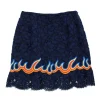 Navy lace knee-length skirt with graphic red, orange and blue appliqué