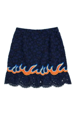 Navy lace knee-length skirt with graphic red, orange and blue appliqué